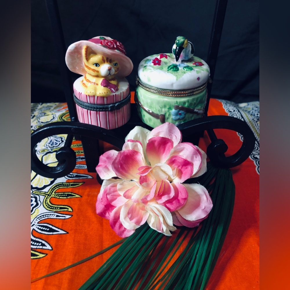 Floral Pink Cat Trinket Box Set with Green Bird Lidded Jar